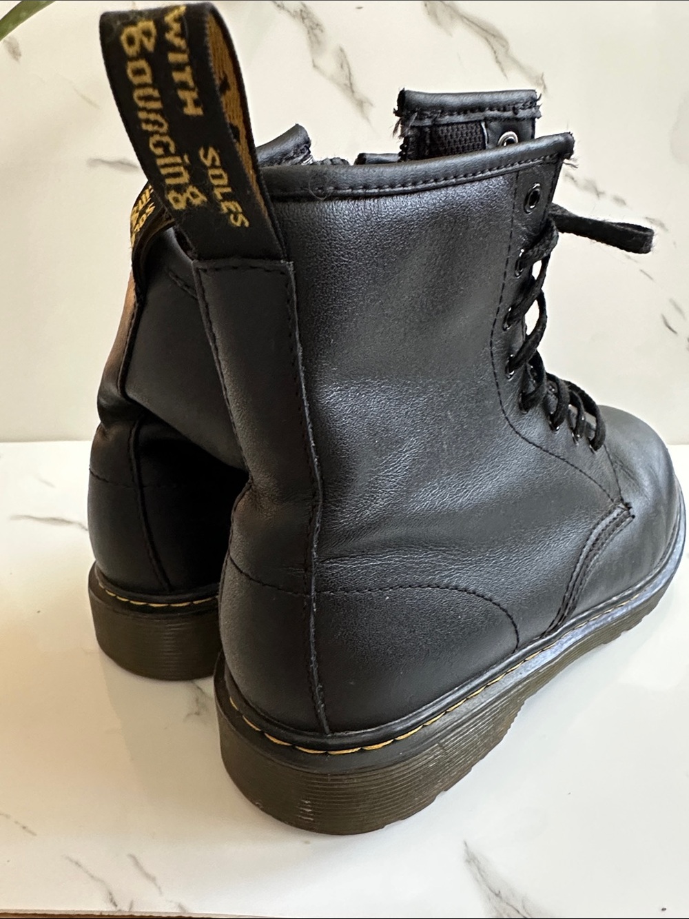 Black Lace-Up Combat Boots with Yellow Stitching - Women's Style: Doc Martins - Picture 2 of 10